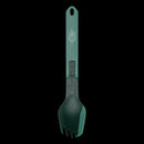Gerber ComplEAT Folding Multi-Fork with a textured handle, featuring a white GERBER logo on the handle, set against a solid black background.