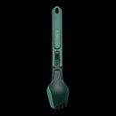 A Gerber ComplEAT Folding Multi-Fork with a dual-color design, featuring a dark green spoon head and a teal-green handle with the brand name 'GERBER' printed vertically, set against a solid black background.