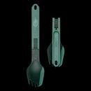 Gerber ComplEAT Folding Multi-Fork shown in two views against a solid black background. One view shows the open utensils, and the other shows them folded together.