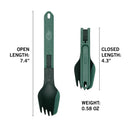 Gerber ComplEAT Folding Multi-Forkshown on a white background with dimension lines and text indicating open length 7.4 inches, closed length 4.3 inches