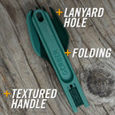 Gerber ComplEAT Folding Multi-Forkl on a wooden background with text highlighting features.