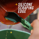 Person using Gerber ComplEAT Folding Multi-Fork with a silicone scraping edge to remove oil from a container.