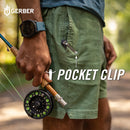 Gerber Fastball Clip Folding knife with metal pocket clip attached to the pocket of the shorts, with text overlay reading 'POCKET CLIP' and the Gerber brand logo in the top left.