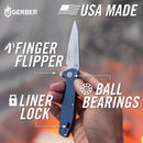 A hand holds Gerber Fastball Clip Folding knife with a blue handle and silver blade. The image features text callouts highlighting features like 'FINGER FLIPPER', 'LINER LOCK', and 'BALL BEARINGS', along with 'GERBER' and 'USA MADE' branding.