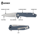 Gerber Fastball Clip Folding knife shown on a white background with labeled callouts pointing to features such as the wharncliffe blade, plain edge, aluminum handle, lanyard hole, ball bearings, liner lock, and clip.