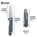 Gerber Fastball Clip Folding knife  shown on a white background with dimension callouts and weight information. The left side shows the knife open, labeled blade length 3 inches, overall length 7.1 incles