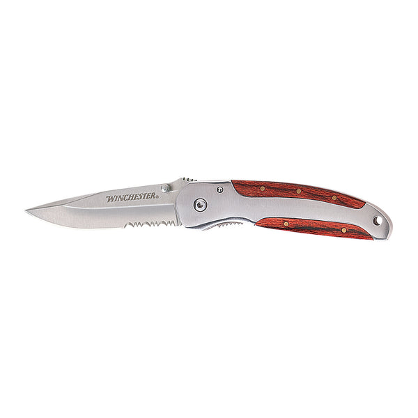 Winchester 3" Folder Knife- Clip Wood Inlay Serrated Wood